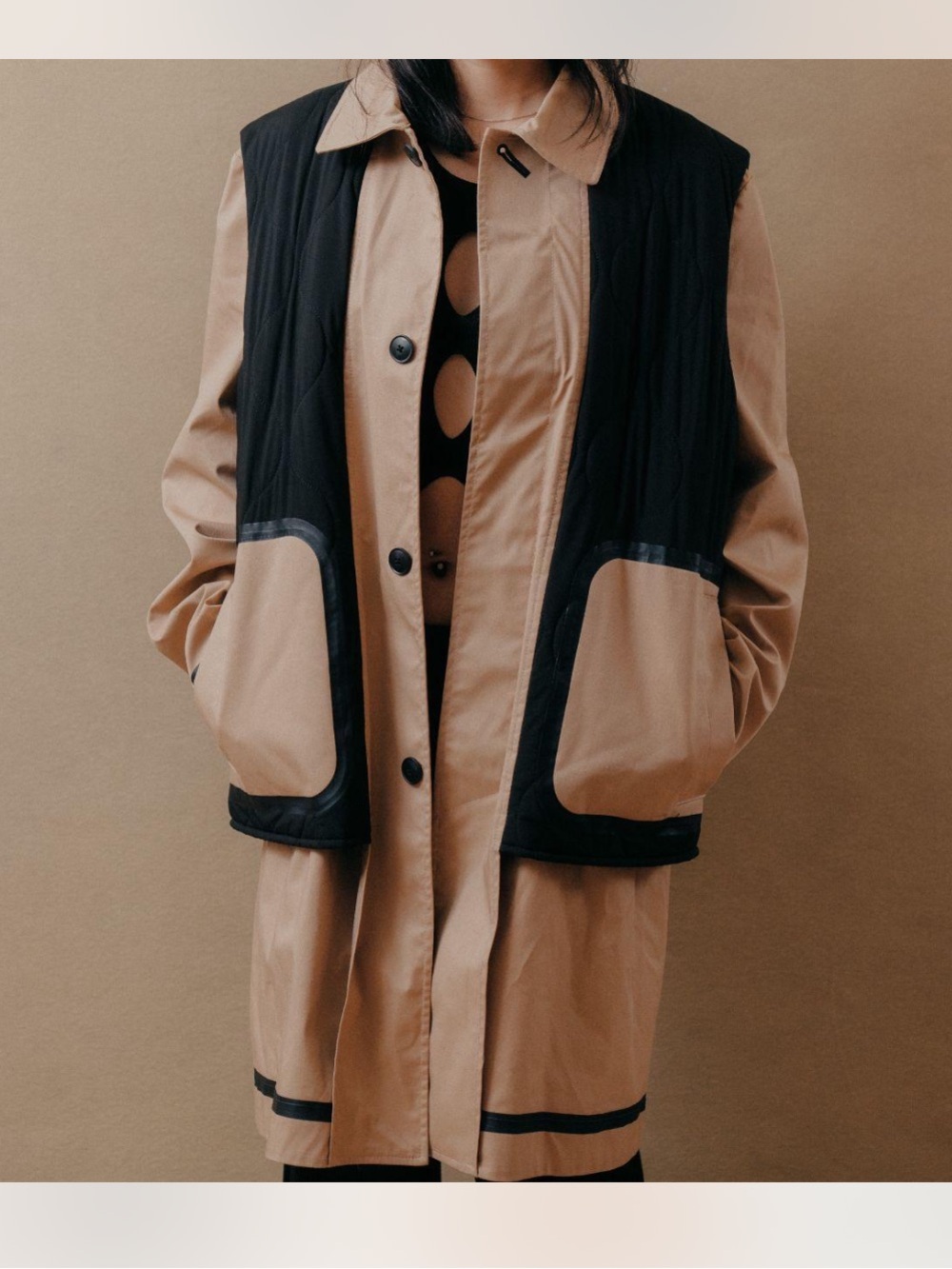 Zara Beige Trench Coat with Black Contrast Panels